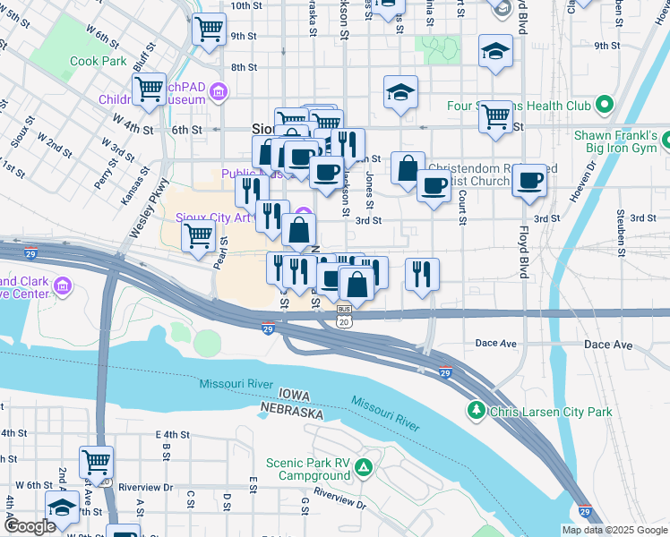 map of restaurants, bars, coffee shops, grocery stores, and more near 101 Jackson Street in Sioux City