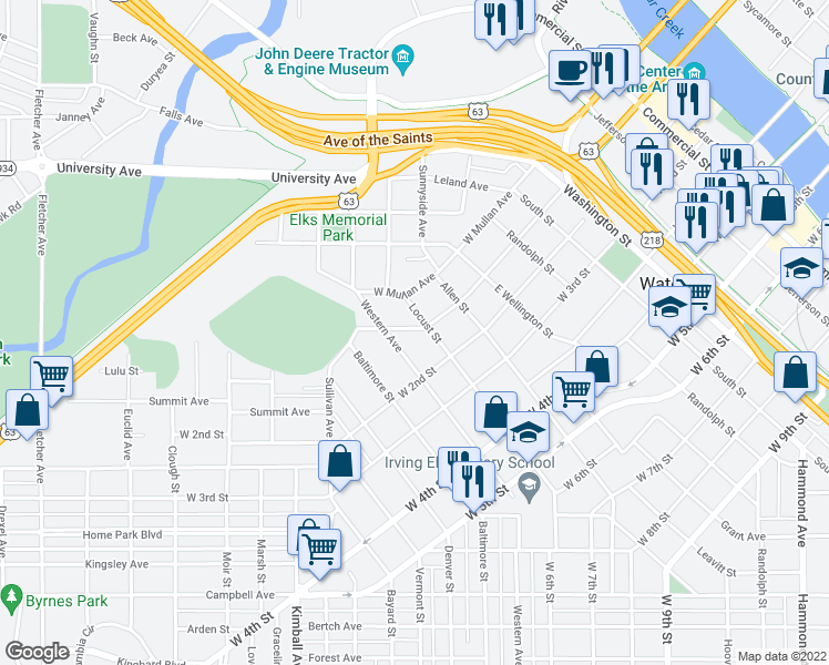 map of restaurants, bars, coffee shops, grocery stores, and more near 111 Elmwood Street in Waterloo