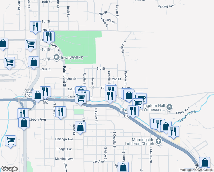 map of restaurants, bars, coffee shops, grocery stores, and more near 103 South Cecelia Street in Sioux City