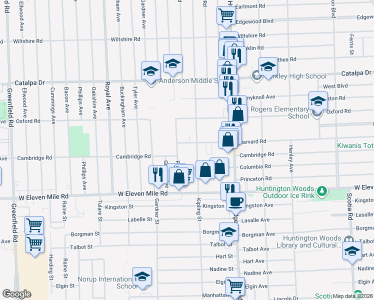 map of restaurants, bars, coffee shops, grocery stores, and more near 2115 Kipling Avenue in Berkley
