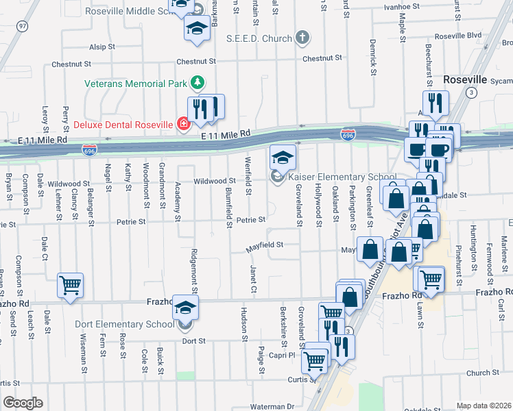 map of restaurants, bars, coffee shops, grocery stores, and more near 26625 La Salle Street in Roseville