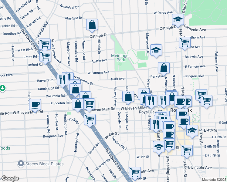 map of restaurants, bars, coffee shops, grocery stores, and more near 305 Maxwell Avenue in Royal Oak