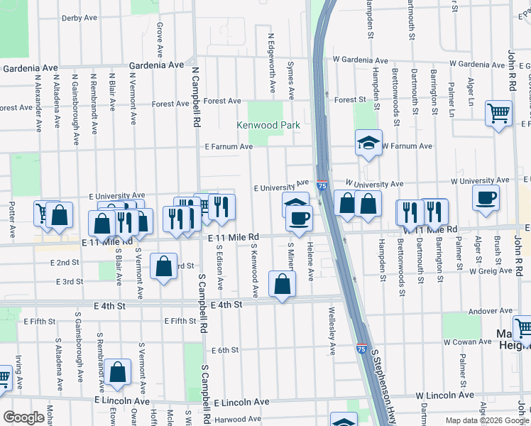 map of restaurants, bars, coffee shops, grocery stores, and more near 300 North Kenwood Avenue in Royal Oak