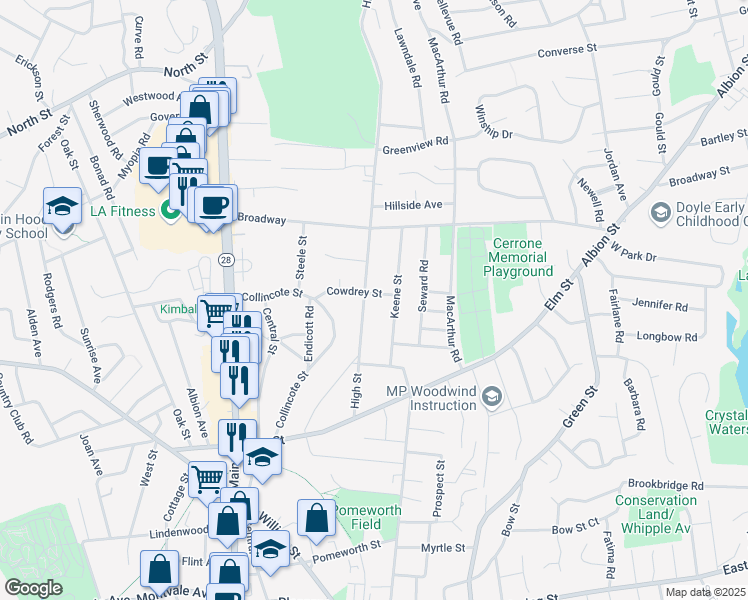 map of restaurants, bars, coffee shops, grocery stores, and more near 3 Cowdrey Street in Stoneham
