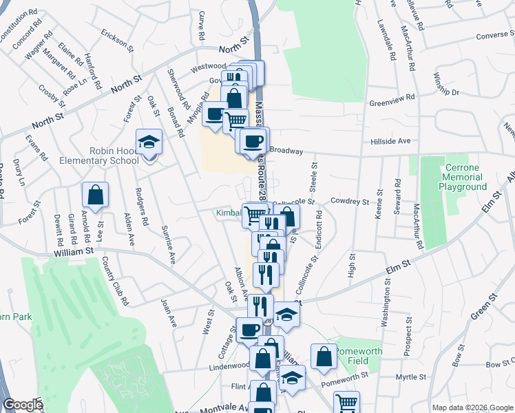 map of restaurants, bars, coffee shops, grocery stores, and more near 157 Main Street in Stoneham