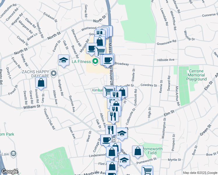 map of restaurants, bars, coffee shops, grocery stores, and more near 157 Main Street in Stoneham