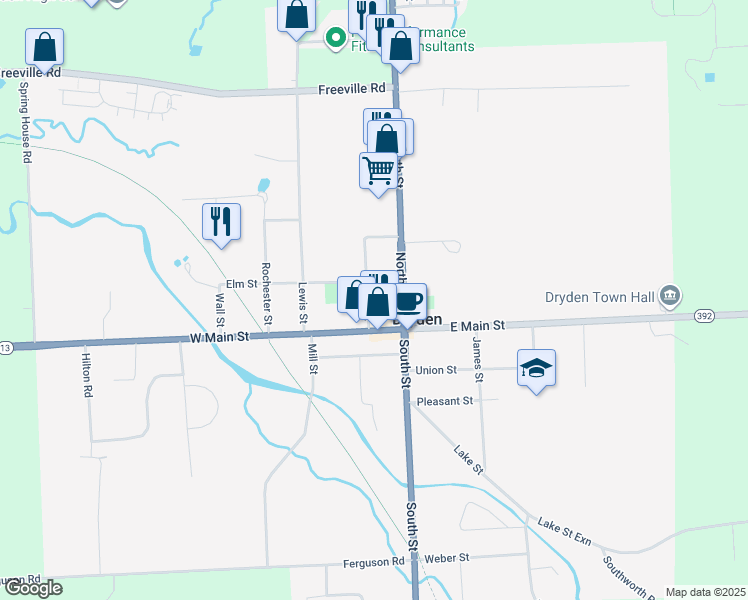 map of restaurants, bars, coffee shops, grocery stores, and more near 8-10 Elm Street in Dryden