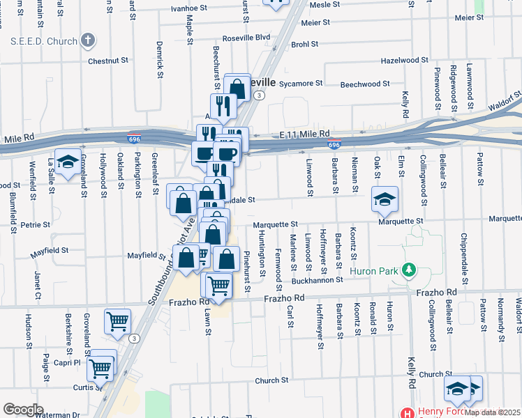 map of restaurants, bars, coffee shops, grocery stores, and more near 17962 Glendale Street in Roseville