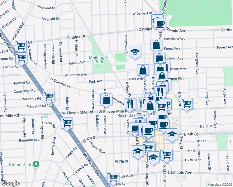 map of restaurants, bars, coffee shops, grocery stores, and more near 613 Florence Avenue in Royal Oak