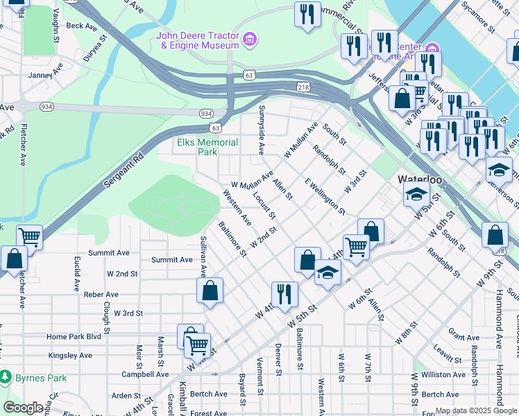 map of restaurants, bars, coffee shops, grocery stores, and more near 928 West 1st Street in Waterloo