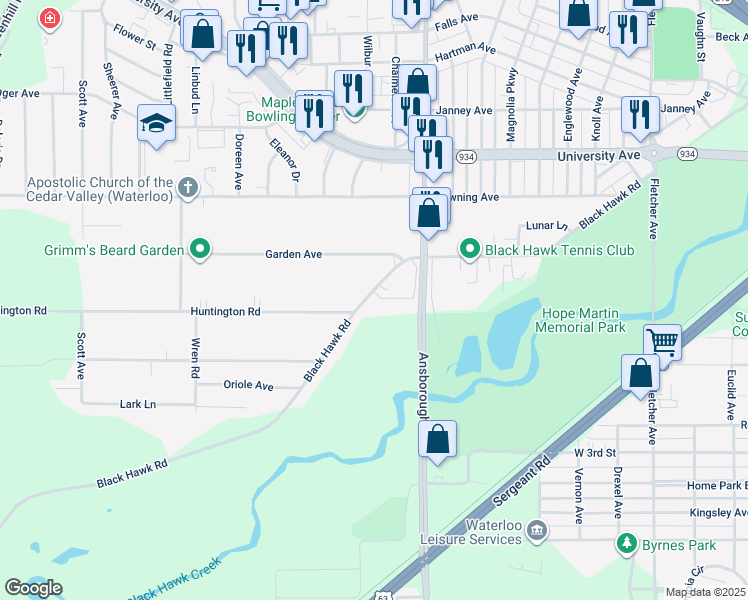 map of restaurants, bars, coffee shops, grocery stores, and more near 1256 Black Hawk Road in Waterloo