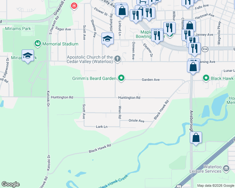 map of restaurants, bars, coffee shops, grocery stores, and more near 1227 Wren Road in Waterloo