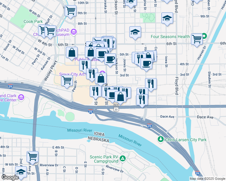 map of restaurants, bars, coffee shops, grocery stores, and more near 101 Jackson Street in Sioux City