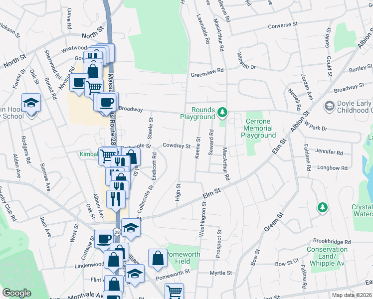map of restaurants, bars, coffee shops, grocery stores, and more near 3 Cowdrey Street in Stoneham