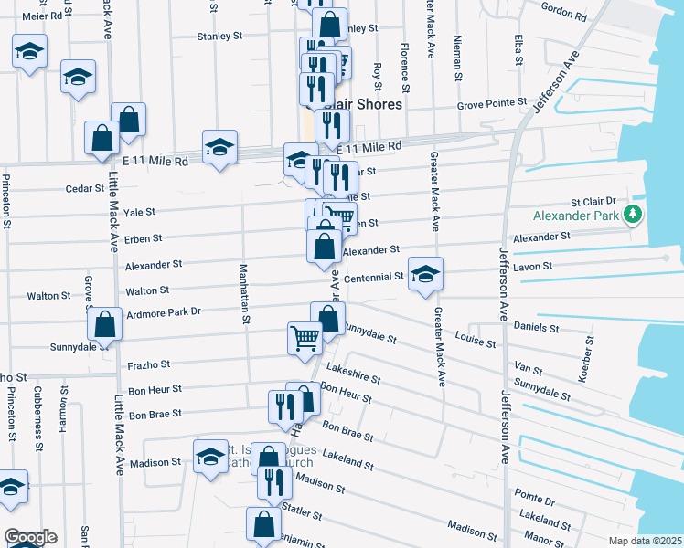 map of restaurants, bars, coffee shops, grocery stores, and more near 27250 Harper Avenue in St. Clair Shores