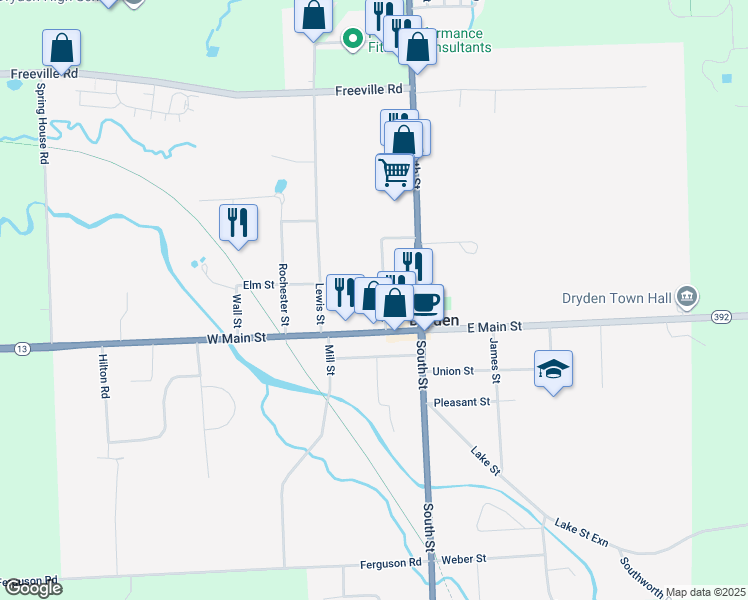 map of restaurants, bars, coffee shops, grocery stores, and more near 9 Library Street in Dryden