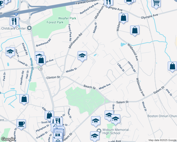 map of restaurants, bars, coffee shops, grocery stores, and more near 18 Maywood Terrace in Woburn