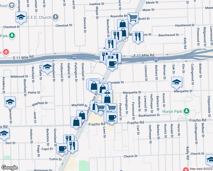 map of restaurants, bars, coffee shops, grocery stores, and more near 26640 Gratiot Avenue in Roseville