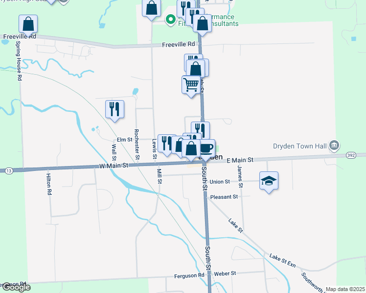 map of restaurants, bars, coffee shops, grocery stores, and more near 9 Library Street in Dryden