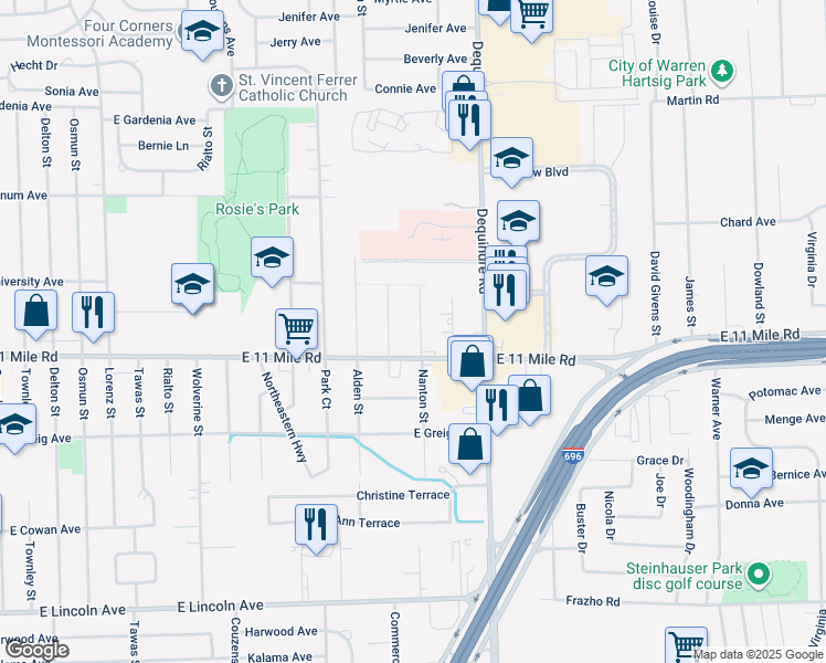 map of restaurants, bars, coffee shops, grocery stores, and more near 27047 Nanton Street in Madison Heights