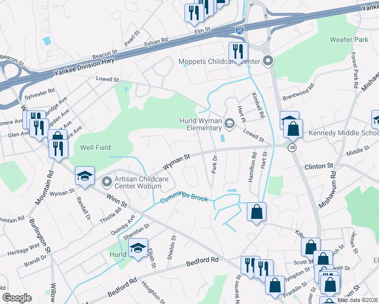 map of restaurants, bars, coffee shops, grocery stores, and more near 59 Wyman Street in Woburn