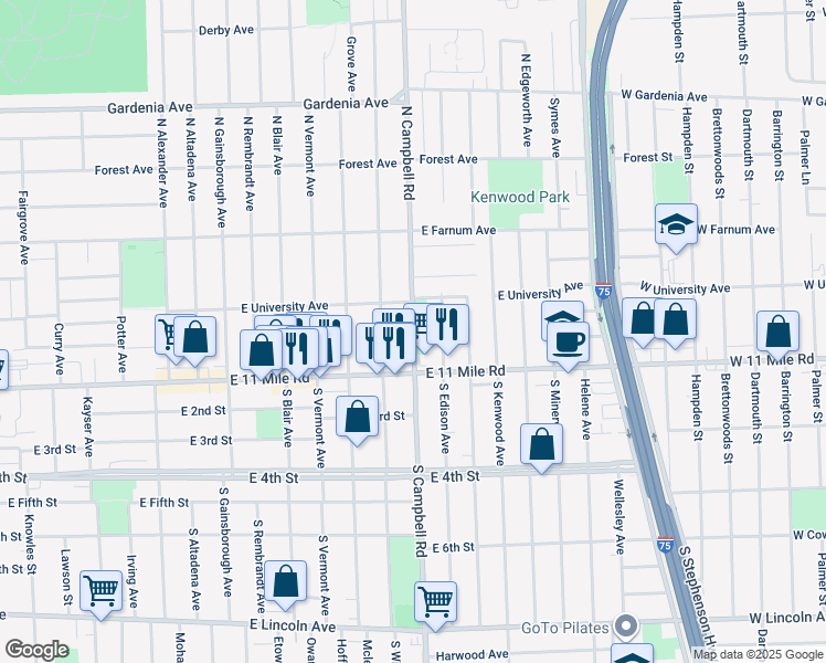 map of restaurants, bars, coffee shops, grocery stores, and more near 214 North Campbell Road in Royal Oak