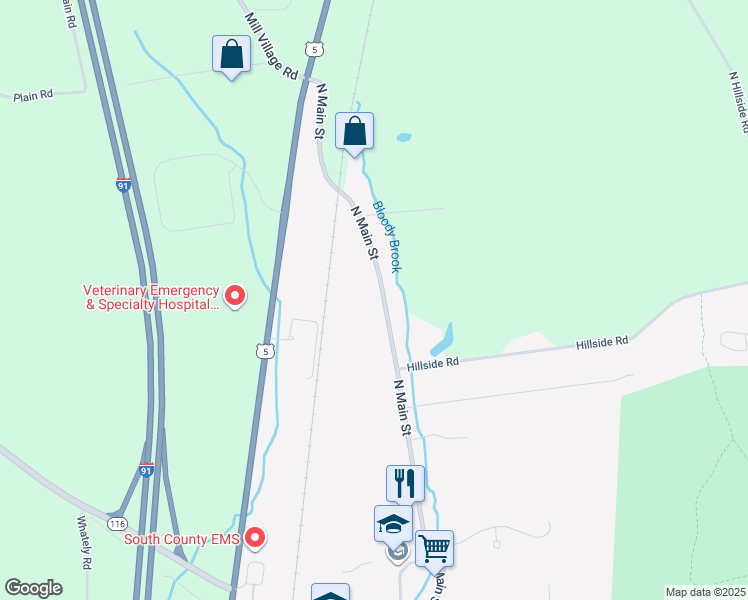 map of restaurants, bars, coffee shops, grocery stores, and more near 182 North Main Street in Deerfield
