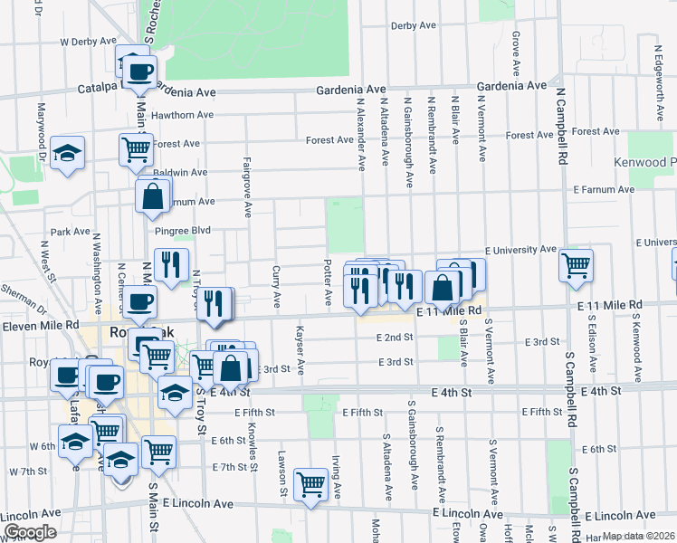 map of restaurants, bars, coffee shops, grocery stores, and more near 301 Potter Avenue in Royal Oak