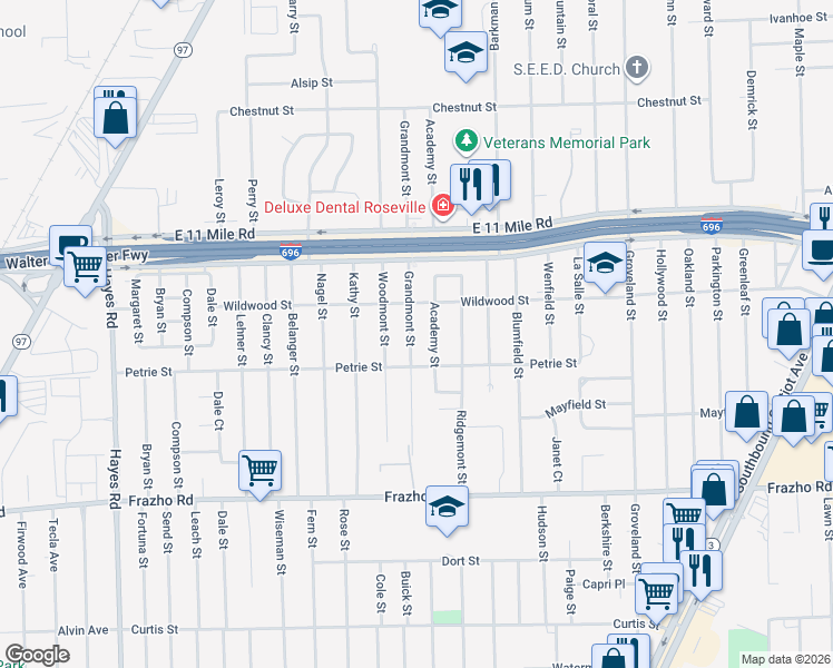 map of restaurants, bars, coffee shops, grocery stores, and more near 26580 Grandmont Street in Roseville
