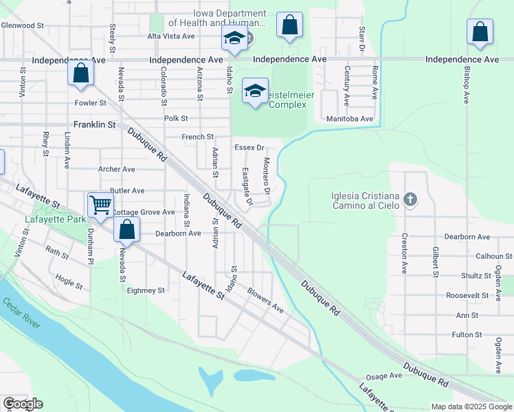 map of restaurants, bars, coffee shops, grocery stores, and more near 701 Eastgate Drive in Waterloo