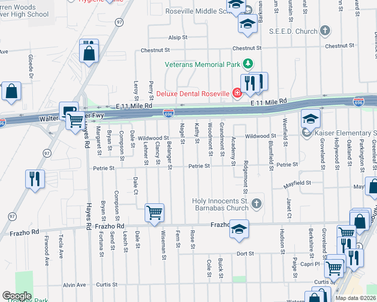 map of restaurants, bars, coffee shops, grocery stores, and more near 26590 Nagel Street in Roseville