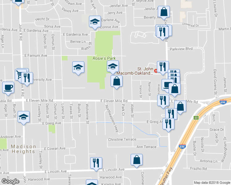 map of restaurants, bars, coffee shops, grocery stores, and more near 27052 Hales Street in Madison Heights