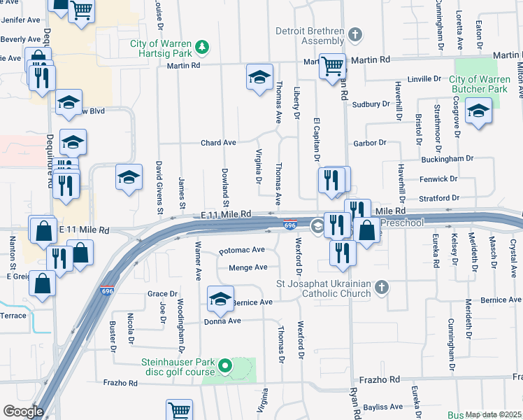 map of restaurants, bars, coffee shops, grocery stores, and more near 3283 East 11 Mile Road in Warren