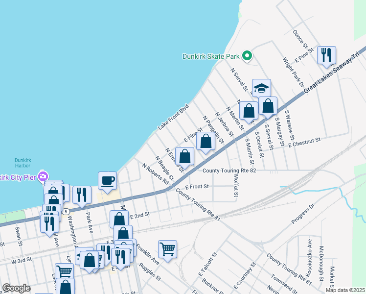 map of restaurants, bars, coffee shops, grocery stores, and more near in Dunkirk