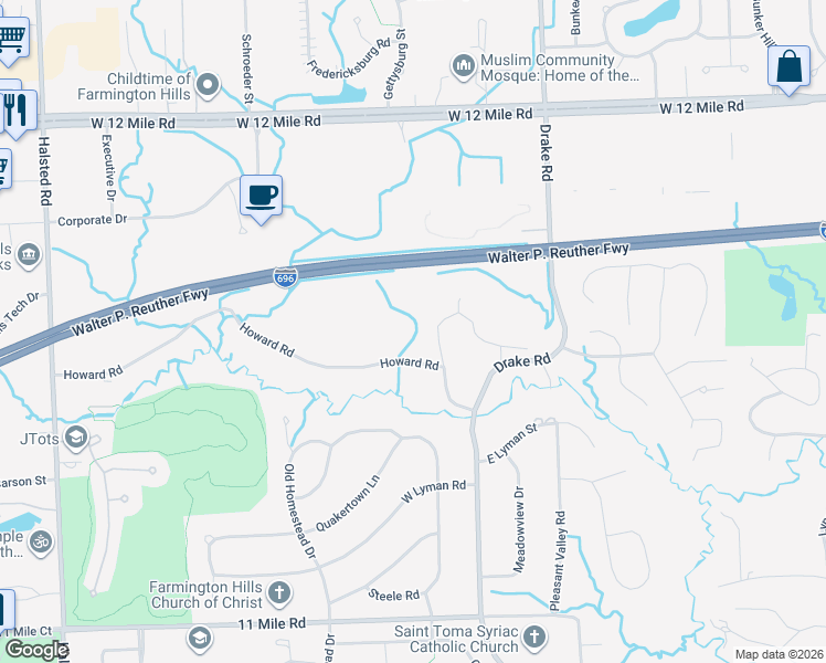 map of restaurants, bars, coffee shops, grocery stores, and more near 36300 Howard Road in Farmington Hills