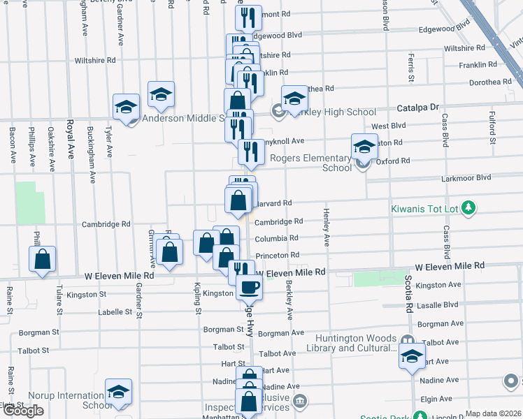 map of restaurants, bars, coffee shops, grocery stores, and more near 2432 Harvard Road in Berkley