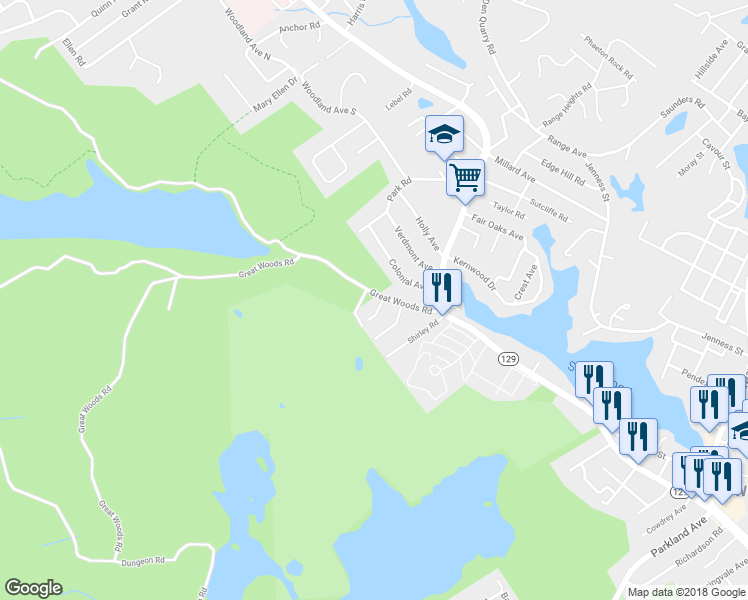 map of restaurants, bars, coffee shops, grocery stores, and more near 60 Great Woods Road in Lynn