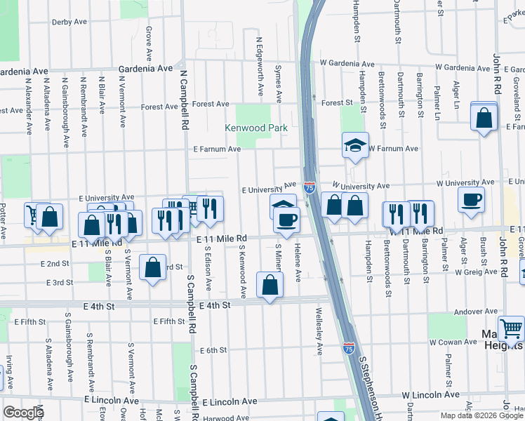 map of restaurants, bars, coffee shops, grocery stores, and more near 225 North Minerva Avenue in Royal Oak
