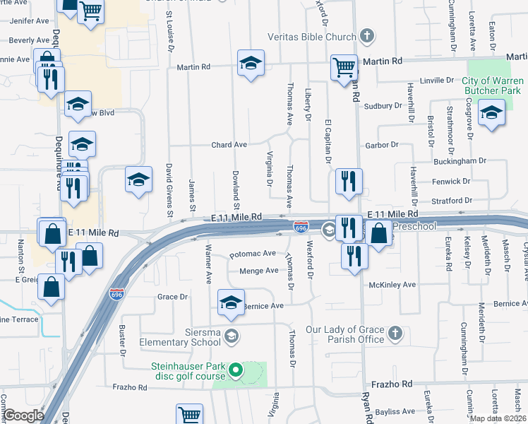 map of restaurants, bars, coffee shops, grocery stores, and more near 3230 Janet Avenue in Warren