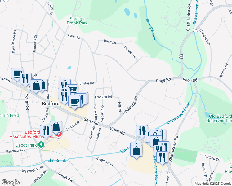 map of restaurants, bars, coffee shops, grocery stores, and more near 5 Alaska Avenue in Bedford