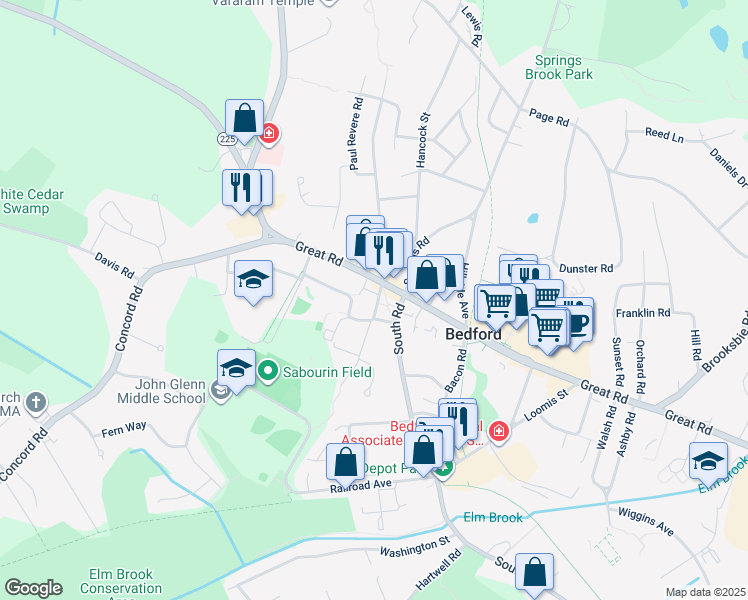 map of restaurants, bars, coffee shops, grocery stores, and more near 55 Great Road in Bedford