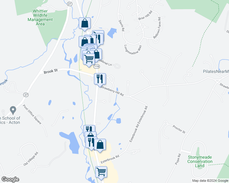 map of restaurants, bars, coffee shops, grocery stores, and more near 30 Strawberry Hill Road in Acton