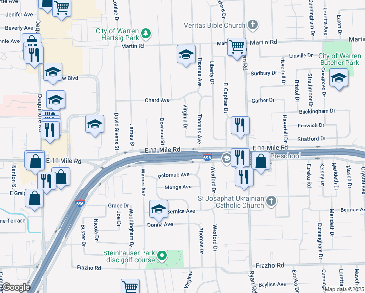 map of restaurants, bars, coffee shops, grocery stores, and more near 3230 Janet Avenue in Warren