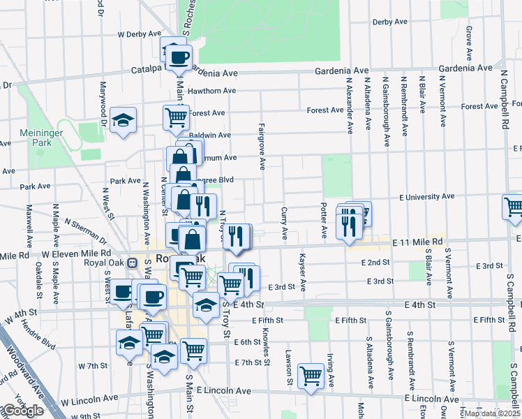 map of restaurants, bars, coffee shops, grocery stores, and more near 511 East University Avenue in Royal Oak