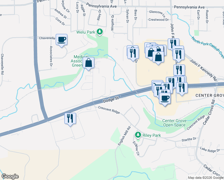 map of restaurants, bars, coffee shops, grocery stores, and more near 55 Oak Grove Drive in Dubuque