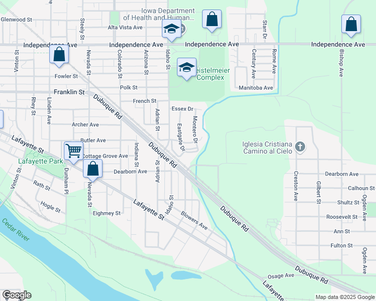 map of restaurants, bars, coffee shops, grocery stores, and more near 701 Eastgate Drive in Waterloo