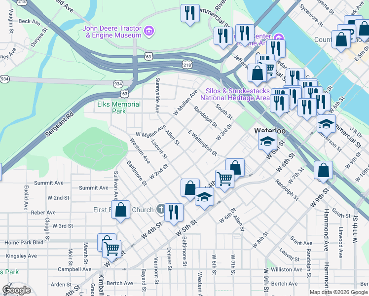 map of restaurants, bars, coffee shops, grocery stores, and more near 219 Allen Street in Waterloo