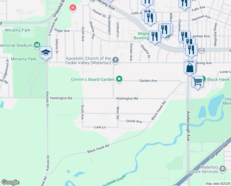 map of restaurants, bars, coffee shops, grocery stores, and more near 1227 Wren Road in Waterloo