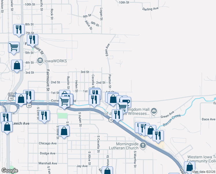 map of restaurants, bars, coffee shops, grocery stores, and more near 3250 2nd Street in Sioux City