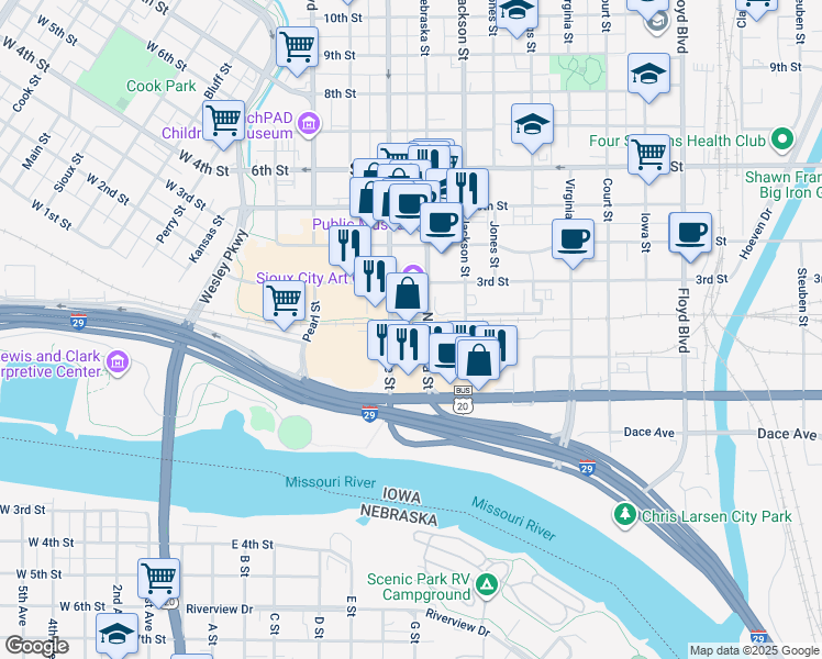 map of restaurants, bars, coffee shops, grocery stores, and more near 124 Pierce Street in Sioux City